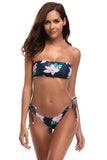 Black Floral Rise Bandeau Bikini Swimsuit