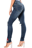 Dark Blue Mid Rise Distressed Rose Embroidery Jeans