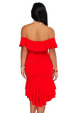 Red Off Shoulder Hi-Lo Hem Ruffle Party Dress