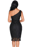 Black Laser Cut One Shoulder Ruffle Embellished Dress