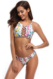 Yellow Pink Floral Print High Neck 2pcs Bathing Suit