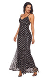 Black Gold Sequins Crisscross Maxi Evening Dress