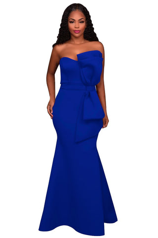 Blue Oversized Bow Applique Evening Party Gown