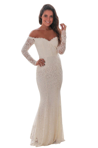 White Crochet Off Shoulder Maxi Evening Party Dress