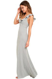 Gray Deep V Neck Ruffle Detail Maxi Party Dress