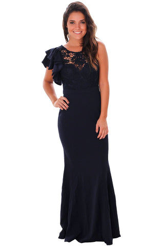 Navy Blue Ruffle Sleeve Crochet Top Maxi Evening Dress