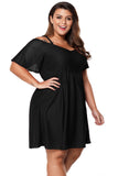 Black Textured Chiffon Cold Shoulder Plus Size Skater Dress