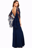 Navy Blue V Cut Open Back Lace Cape Sleeve Maxi Evening Dress