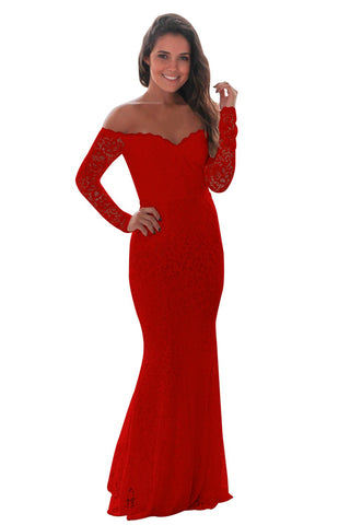 Red Crochet Off Shoulder Maxi Evening Party Dress