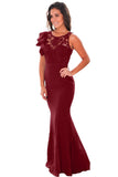 Claret Ruffle Sleeve Crochet Top Maxi Evening Dress