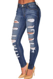 Blue Denim Destroyed Whisker Wash Skinny Jeans