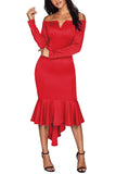 Red Off Shoulder Long Sleeve Mermaid Dress