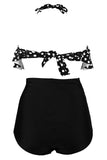 Black White Polka Dot Retro Boho Flounce High Waist Swimsuit