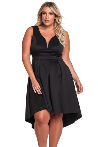 Black Sleeveless V Neck Plus Size Hi-lo Dress