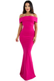 Rosy Foldover Off Shoulder Slinky Long Party Dress