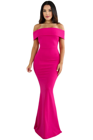 Rosy Foldover Off Shoulder Slinky Long Party Dress