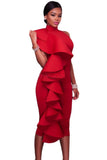 Red Halter High Neck Ruffled Midi Party Dress with Back Slit