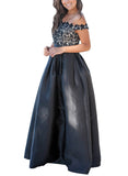 Black Crochet Top Pleated Waist Flared Maxi Evening Dress