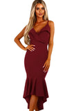 Burgundy V Neckline Frill Fishtail Party Dress