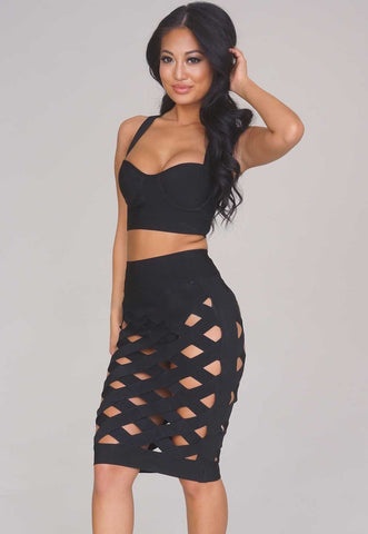 Black Sexy Taupe Open Caged Bandage Skirt Set