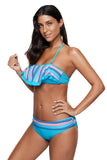 Blue Pink Striped Accent Ruffle Trim Bikini Swimsuit