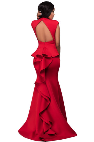 Red High Neck Ruffle Back Ponti Gown