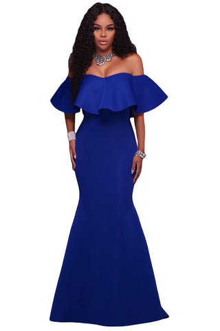 Royal Blue Ruffle Off Shoulder Ponti Maxi Party Dress