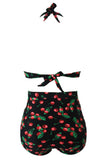 Cherry Print Black Retro High Waist 2 Pieces Swimsuit