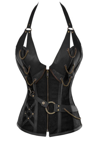 Black 14 Steel Bone Steampunk Leather Corset with Thong