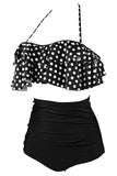 Black White Polka Dot Retro Boho Flounce High Waist Swimsuit