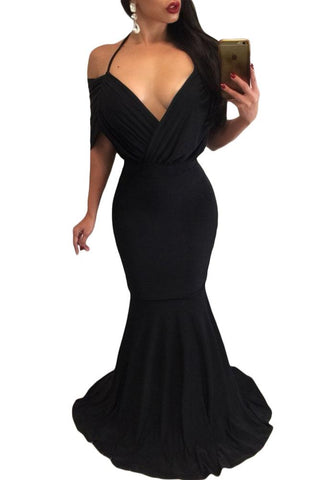 Black Draped V Neck Sexy Mermaid Party Dress