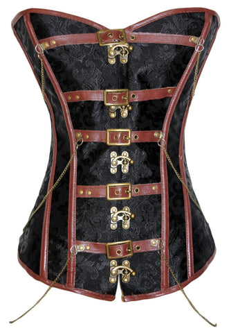 Black Brocade Corset with Brown Leather