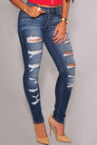 Blue Denim Destroyed Whisker Wash Skinny Jeans