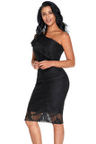 Black Laser Cut One Shoulder Ruffle Embellished Dress