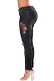 Black Mid Rise Distressed Rose Embroidery Jeans