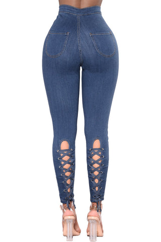 Blue High Waist Lace up Jeans