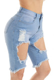 Denim Blue Distressed High Waist Bermuda Shorts