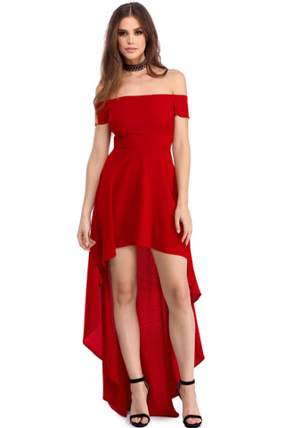 Red High Low Hem Off Shoulder Party Dress