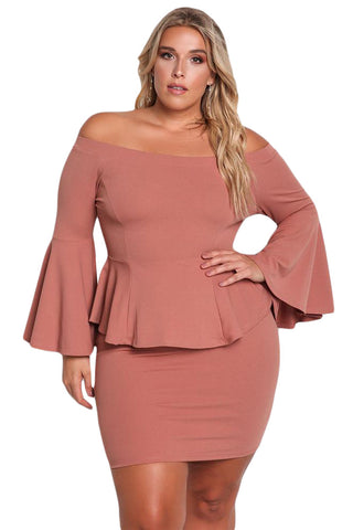 Dusty Pink Off The Shoulder Bell Sleeves Peplum Plus Dress