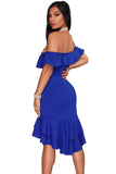 Royal Blue Off Shoulder Hi-Lo Hem Ruffle Party Dress