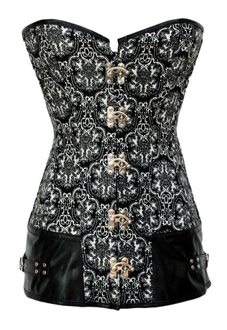 2pcs Vintage Print Corset with Leatherette Decor