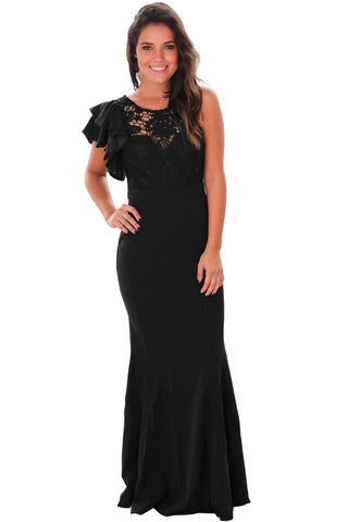 Black Ruffle Sleeve Crochet Top Maxi Evening Dress