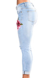 Rose Embroidered Knee Distress Light Wash Skinny Jeans