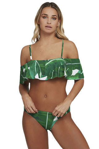 Palm Leaf Print Ruffle Off Shoulder Bikini Swimsuit