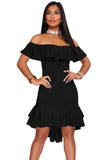 Black Off Shoulder Hi-Lo Hem Ruffle Party Dress