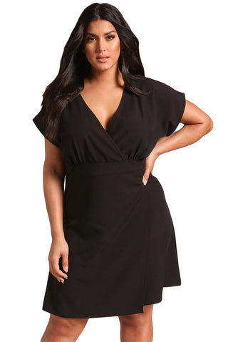 Black Plus Size Deep V Surplice Flared Dress