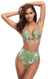 Light Green Printed Halter Bikini High Waisted Swimsuit