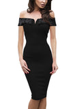 Black Embroidered Foldover Off Shoulder Neckline Slender Evening Dress