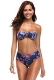Navy Floral Strapless Bandeau Bikini High Waist Swimsuit