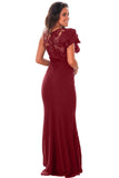 Claret Ruffle Sleeve Crochet Top Maxi Evening Dress